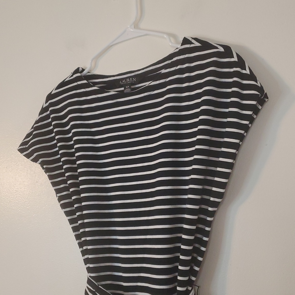 Lauren Ralph Lauren Striped Cotton Shirt Dress Size Small Belted Black White - Picture 3 of 10